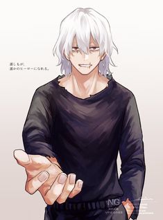 an anime character with white hair is holding his hands out to the side and looking at something