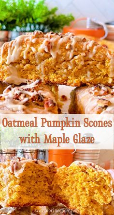 Top Photo: Scones piled high on a plate. Bottom Photo: Pumpkin Oatmeal Scone broken open so you can see the inside. Pumpkin Oatmeal Scones Recipe, Pumpkin Oatmeal Scones, Pumpkin Oat Scones, Ina Garten Maple Oatmeal Scones, Fall Scones Recipe, Oatmeal Scones, Oatmeal Pumpkin, Autumn Foods, Pumpkin Scones Recipe