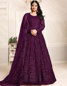 Purple Net Anarkali Anarkali Suit Gown, Long Anarkali Gown, Purple Lehenga, Floor Length Anarkali, Long Anarkali, Designer Anarkali Suits, Anarkali Salwar, Gown Suit, Abaya Style