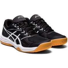 the asics shoes are black and white with orange accents on the outsolets