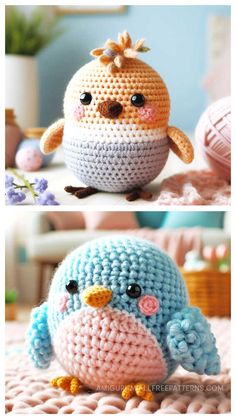 crocheted stuffed birds are sitting on the bed