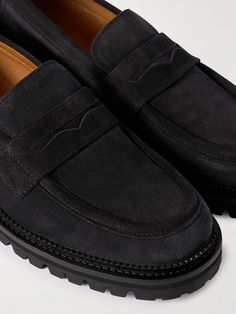 EXCLUSIVE AT MR PORTER. Mr P.'s suede 'Jacques' loafers are an 'Off Black' that'll work well with tonal denim or earth-coloured trousers. They're lined in soft leather and set on durable rubber-lug soles that make them comfortable enough to wear all day. Classic Suede Loafers With Lug Sole, Formal Suede Loafers With Lug Sole, Suede Loafers With Lug Sole For Work, Classic Suede Loafers With Vibram Sole, Penny Loafers Men, Loafers For Men, Mr P, Summer Sunglasses, Mens Fall