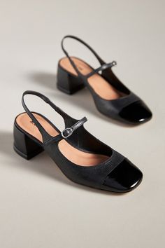 Leather upper, insole Leather, rubber sole Rubber heel Slip-on styling Imported | Mary Jane Slingback Heels by Maeve in Black, Women's, Size: 40, Leather/Rubber at Anthropologie Slingback Heels Outfit Work, Black Slingback Heels Outfit, Women’s Work Shoes, Professional Shoes Women, Comfortable Work Heels, Slingback Heels Outfit, Business Casual Shoes Women, 1 Inch Heels, Black Shoes For Women