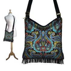 Unique blue hobo bag fringe purse with beautiful vintage medallion pattern. exclusively from Janine King Designs.  The textured appearance of the fabric on this medium shoulder bag  is part of the art design itself rather than the fabric,  thus achieving an elegant age worn look on a highly durable state-of-the-art modern textile that's even eco-friendly. An upscale, artsy hippie bag with a vintage boho vibe.  Front and back are same.   Just the right size to use every day. Two generously sized Fringe Tote Bag, Utica Ny, Bohemian Fabric, Hippie Purse, Slouch Bags, Vintage Medallion, Fabric Handbags, Fringe Purse, Medallion Pattern