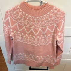 Official Color Is Peach But Runs More Like A Baby Pink To Me. Fabric Is Soft And Cozy. Small Side Slights At Bottom Of Sweater. Petite Sizing But Runs Like A Regular Small 55% Cotton 22% Polyester 19% Acrylic 4% Spandex White Knit Tops With Fair Isle Pattern, Pink Fair Isle Pattern Top For Fall, Casual Pink Tops With Fair Isle Pattern, Casual Pink Fair Isle Pattern Tops, Fitted Fair Isle Pattern Crew Neck Top, Jeweled Sweater, Loft Light, Loose Pullover Sweater, Multicolor Knit