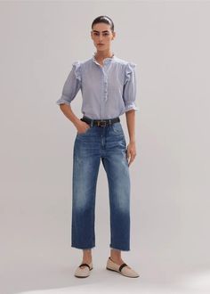 Authentic Distressed Relaxed Straight Jean Mid Wash Relaxed Fit Jeans With Frayed Hem For Work, Chic Washed Blue Bottoms With Frayed Hem, Blue Bottoms With Frayed Hem For Work, Summer Workwear Jeans With Frayed Hem, Ankle Sleeve, Fabric Tape, Now And Forever, Cargo Jeans, Crop Shirt