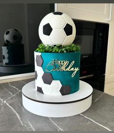 a birthday cake with a soccer ball on top