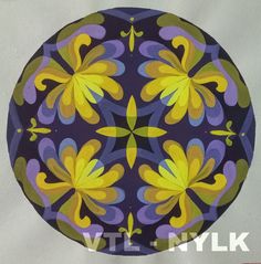 a circular painting with yellow and purple flowers