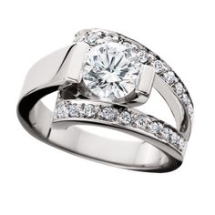 a white gold engagement ring with diamonds on the sides and a center stone in the middle