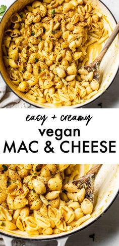 macaroni and cheese is being cooked in a skillet with the words easy creamy vegan mac & cheese