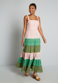 Blocked in Eyelet Tiered Maxi Dress | ModCloth Summer Vacation Dresses, Vintage Style Swimwear, Gingham Embroidery, Green Floor, Casual Dresses Plus Size, Midi Dress Plus Size, Vintage Swimwear, Plus Size Outerwear, Casual Rompers