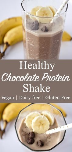 healthy chocolate protein shake in a glass with bananas