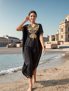 Lasaky - Womens Floral Embroidery V-Neck Loose Fit Cover-Up Dress with Side Split Maxi Length and Batwing Sleeves - Beach Kaftan for Swimwear and Clothing Summer Vacation Tunic Sets, Elegant V-neck Beach Set, Bohemian Embroidered Summer Sets, Summer Tunic Sets With Embroidery, Summer Embroidered Tunic Sets, Summer Black Kaftan With Floral Embroidery, Embroidered Maxi Length Summer Sets, Black Beach Dress For Eid, Summer Floral Embroidered V-neck Sets