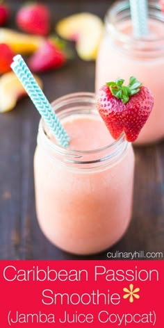 two glasses filled with smoothie and strawberries next to each other on a table