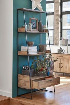 a living room with blue walls and wooden shelves filled with plants on top of them