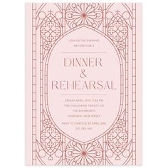 a pink wedding card with the words dinner and rereasal on it in an ornate frame