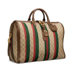 a brown and green striped duffel bag