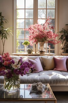 a living room filled with lots of furniture and flowers in vases on the coffee table