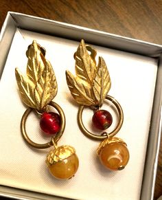 Acorn Leaves Dangle Drop Earrings Red Acrylic Ball Butterscotch Etruscan Revival Acorn Leaf, Dangle Drop Earrings, Drop Earrings