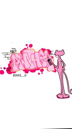 a pink cartoon character holding a cell phone in front of a graffiti wall with the word hello kitty written on it