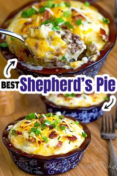 the best shepherd's pie recipe is shown in two bowls