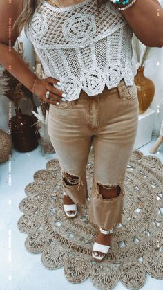 these tan distressed jeans by Vervet are perfect for fall and you can create endless outfits around them! Transitional looks like we've done here with a crochet crop top or paired with a sweater during those chilly months! Beige Denim Flare Jeans For Fall, Trendy Beige Fall Jeans, Chic Brown Spring Jeans, Beige Denim Flare Jeans For Spring, Beige Mid-rise Flare Jeans, Mid-rise Beige Denim Flare Jeans, Everyday Distressed Cotton Flare Jeans, Distressed Cotton Flare Jeans For Everyday, Casual Beige Flare Jeans For Summer