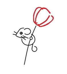 a black and white drawing of a cat holding a red balloon