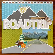 a road trip scrapbook with mountains and flowers