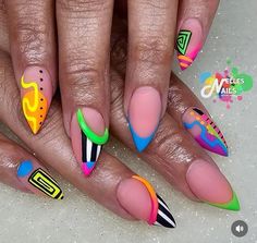 Nails 90s Art Designs, 80s Style Nails, Miami Vice Nails, 90s Theme Nail Designs, 80s Theme Nails, 90s Nails Designs, 90’s Nail Designs, 90s Style Nails, 80’s Nails