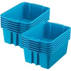 several blue plastic containers stacked on top of each other