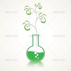 a green flask filled with water and sprouts on top of a white background