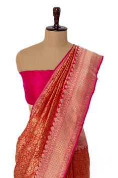 Red banarasi brocade saree with all over gold toned bahar jaal woven detailing and hot pink geometric bloom border. Comes with an unstitched blouse piece. - Aza Fashions Traditional Brocade Saree For Reception, Designer Red Choli With Zari Weaving, Designer Red Blouse Piece With Zari Weaving, Festival Jamawar Blouse Piece, Zari Weaving Choli For Reception, Red Traditional Wear With Unstitched Banarasi Silk Blouse, Brocade Saree With Traditional Drape, Red Jamawar Choli With Pallu, Traditional Designer Brocade Blouse Piece