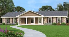 this is a computer rendering of the front elevation of a ranch style home with two car garages