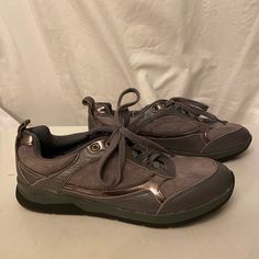 Earth Gray Suede Sneakers 6.5 New Silver Lace-up Sneakers With Metallic Logo, Silver Casual Sneakers With Metallic Logo, Metallic Silver Lace-up Casual Sneakers, Casual Metallic Sneakers With Round Toe, Metallic Round Toe Casual Sneakers, Shoe Capsule, Half Awake, Clothes Board, Gray Sneakers