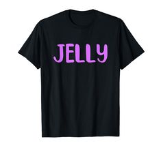 a black t - shirt with the word jelly printed on it's chest and purple letters