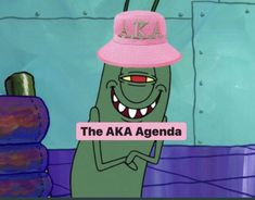 a cartoon character wearing a pink hat with the word aka on it's side