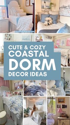 a collage of photos with the words cute and cozy coastal dorm decor ideas