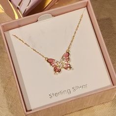 New Simply Silver Sterling Silver Necklace Pink Sparkle Butterfly Beautiful Necklace Brand New In Gift Box Clear Locket Necklace, Sparkle Butterfly, Amethyst Stone Necklace, Butterfly Beautiful, Brown Leather Necklace, Dainty Pendant Necklace, Gold Long Necklace, Triangle Necklace, Heart Pendant Gold