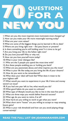 a blue and white poster with the words 70 questions for a new you