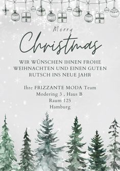 a christmas party flyer with fir trees and snowflakes on the tree line, in white