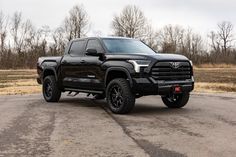 a black truck is parked in the middle of a parking lot with trees behind it