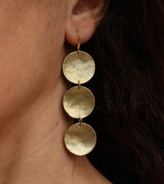 "Suitable for a formal occasion, but also easily worn with a plain summer dress, these ancient greek style earrings will give a glamorous look to your outfit! I designed, hand-shaped and hand-textured them! Their drop lengthis about 6.5cm. Hook is gold plated bronze. Don't forget to check out my matching bracelet: https://www.samsabyelena.com/listing/592636985/disc-bracelet-bronze-disc-bracelet Please like and share! *IMPORTANT: All of my jewelry is handcrafted so please expect some variations f Greek Earrings, March Birthstone Necklace, Disc Bracelet, Aquamarine Necklace, Greek Style, Disc Earrings, Matching Bracelet, Matching Bracelets, Geometric Earrings