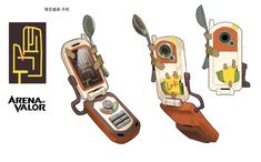 three cell phones with designs on them and the words arena valor written in chinese above them