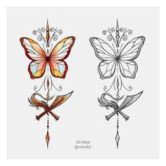 three different types of butterflies on a white background, one with red and yellow wings