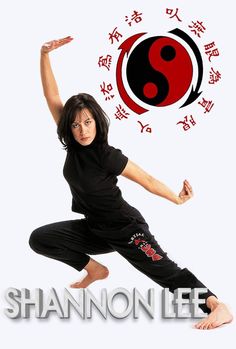 a woman is doing yoga in front of a yin sign with the words shanon lee on it