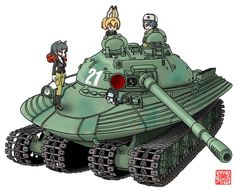 an image of two people riding on top of a tank with another person standing next to it