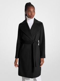 Crafted from supremely soft felted wool, this wrap coat adds instant sophistication to any look. Wide notch lapels and a tie waist define the shape, while the knee-length silhouette pairs effortlessly with pants and dresses alike. Chic Spring Wool Coat With Belt, Elegant Spring Outerwear With Tie Waist, Elegant Fall Outerwear With Tie Waist, Elegant Long Coat With Tie Waist, Elegant Office Outerwear With Tie Waist, Formal Notch Lapel Outerwear With Tie Waist, Formal Outerwear With Tie Waist And Notch Lapel, Elegant Wool Outerwear With Belt, Formal Fall Outerwear With Tie Waist