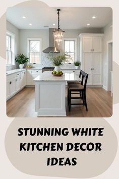 White Kitchen Decor Ideas, Decorators White, Minimalist Shelving, Luxury White Kitchen, Kitchen Island Decor Ideas, Stylish Kitchen Island, White Kitchen Traditional, Minimalist Shelves, White Kitchen Decor