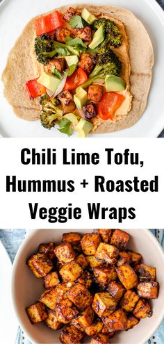 grilled tofu, hummus and roasted veggie wraps with text overlay