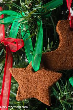 an ornament hanging from a christmas tree decorated with brown sugar and green ribbon